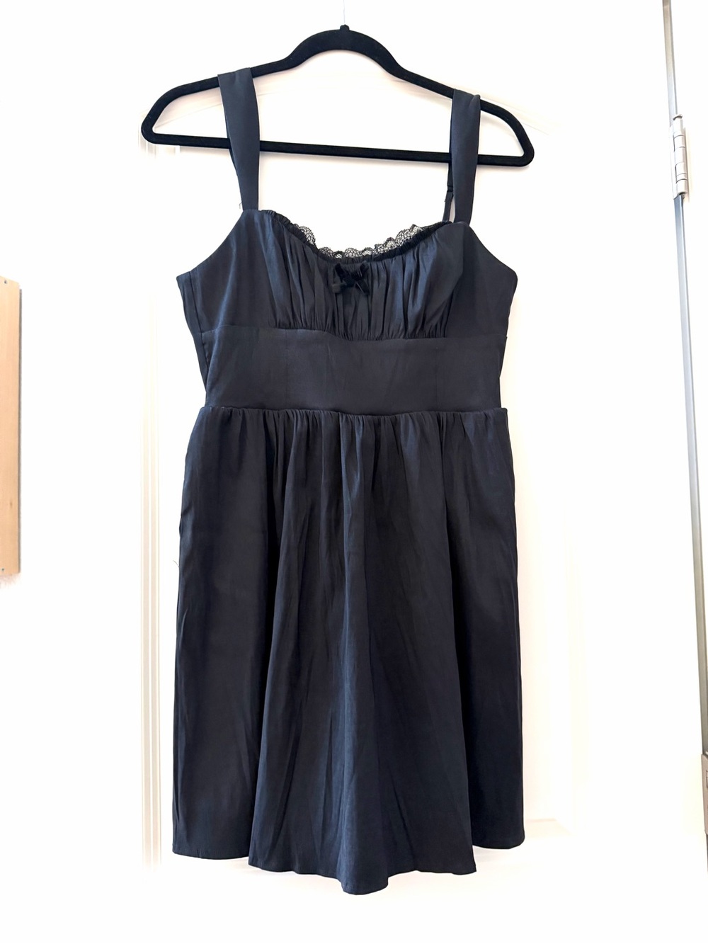 NWT Francesca’s Black Satiny Milkmaid Corset Top Black Dress w Lace. Event dress